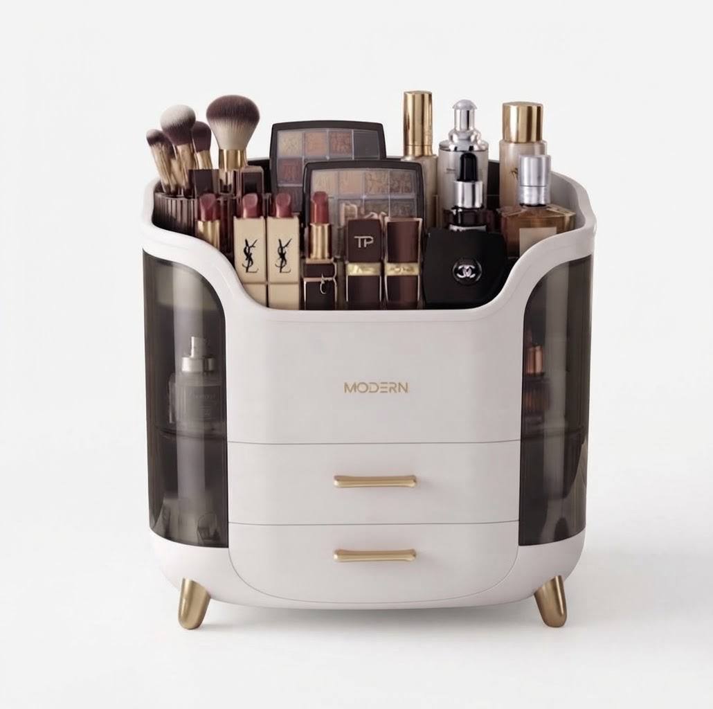 منظم مكياج وعطور أنيق متعدد الطبقات مع أدراج - تصميم عصري وواجهة شفافة