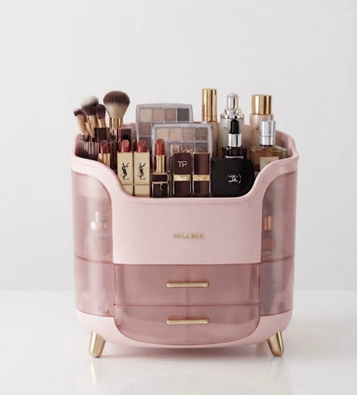 منظم مكياج وعطور أنيق متعدد الطبقات مع أدراج - تصميم عصري وواجهة شفافة